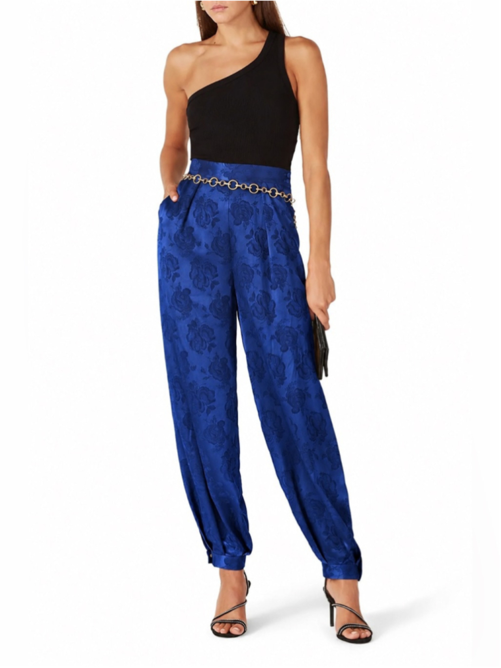 RONNY KOBO COLLECTION Kristine Satin Jacquard Balloon Pants in Royal Blue XS